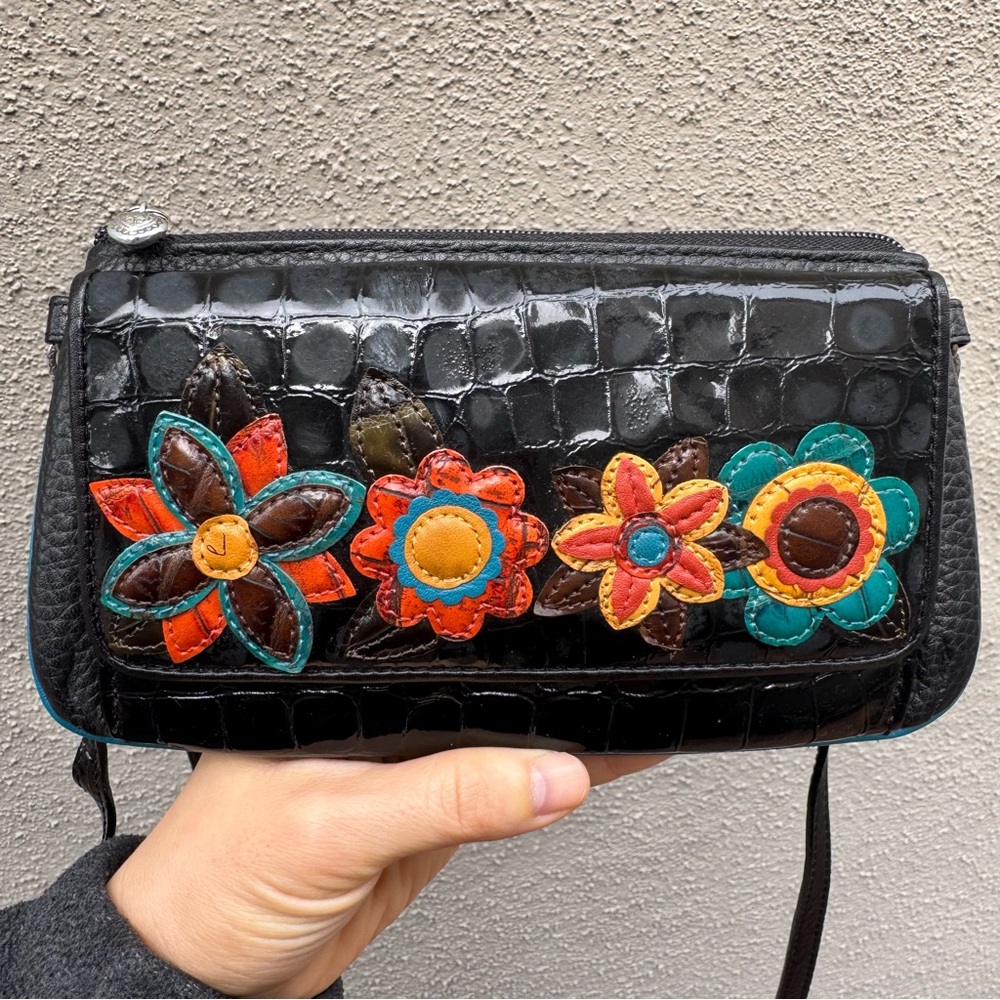 Brighton Black Crocodile-Embossed Leather Floral Appliqué Small Crossbody